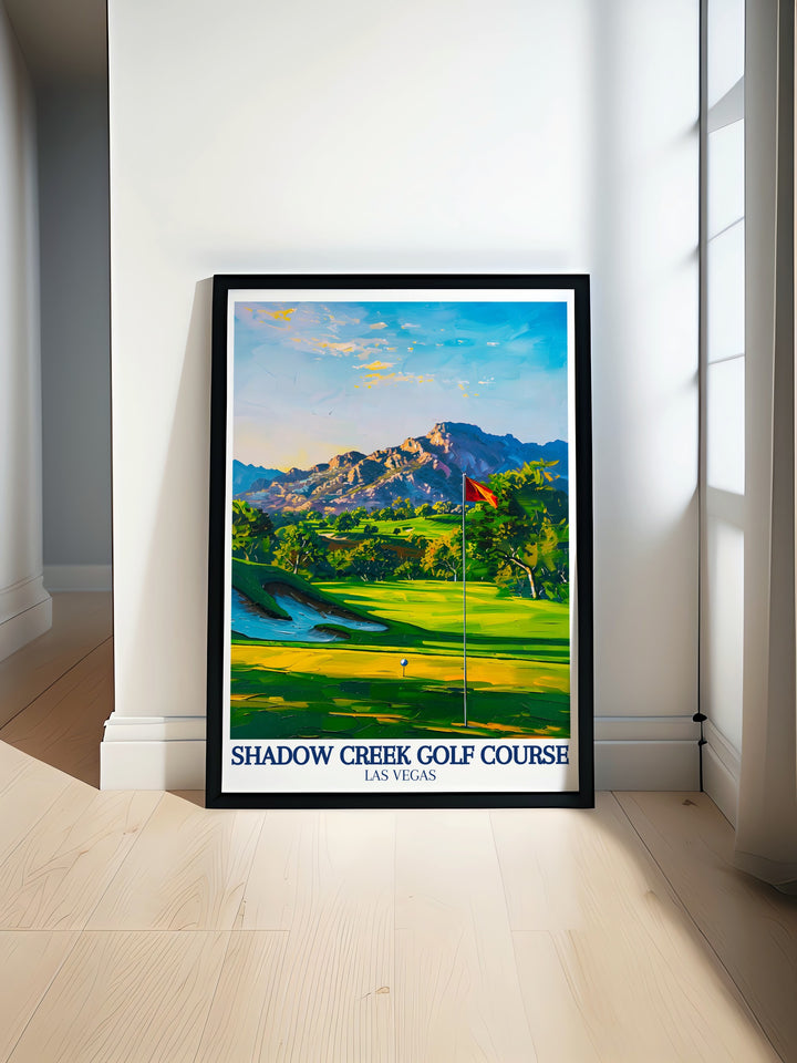 Shadow Creek Golf Course wall art featuring the unique juxtaposition of green fairways and the arid Nevada desert, with Clark Countys landscape on the horizon. This detailed art print makes an ideal travel gift for golfers and fans of scenic landscapes.