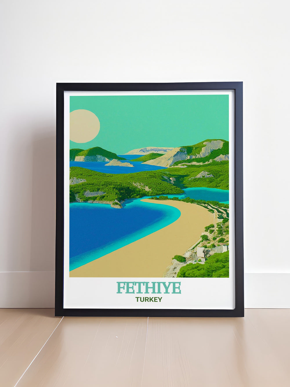 Ölüdeniz Beach scenic print capturing the stunning turquoise waters and peaceful shoreline of Fethiye. This artwork celebrates the beauty of the beach, making it an ideal piece for enhancing home decor with Turkeys coastal charm.