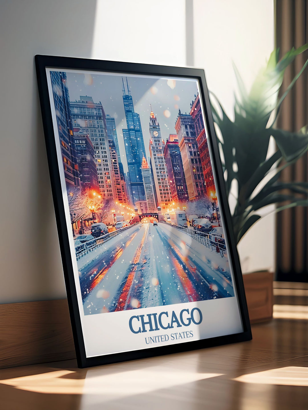 Showcasing the striking architecture of Michigan Avenue, this poster adds a unique touch of Chicagos urban beauty to your decor. Experience the vibrant allure of the Magnificent Mile with this art print, highlighting the citys rich history and modern elegance.
