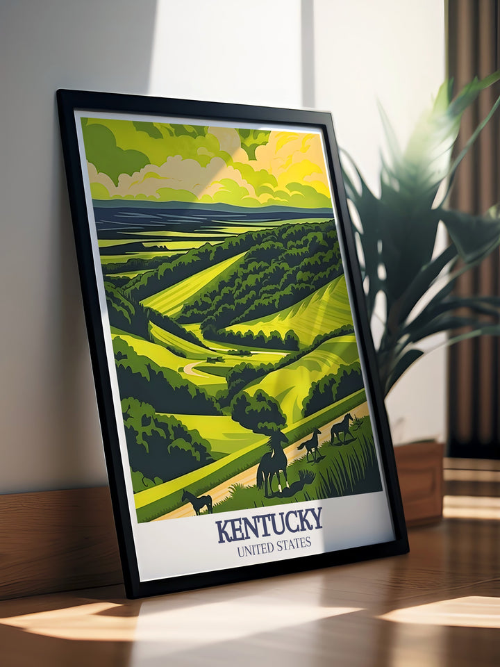 Celebrate the beauty of Kentuckys Bluegrass region with this wall art featuring the Walk Across Kentucky. Perfect for your living room, office, or as a special gift, this print brings Kentuckys natural charm right to your space.