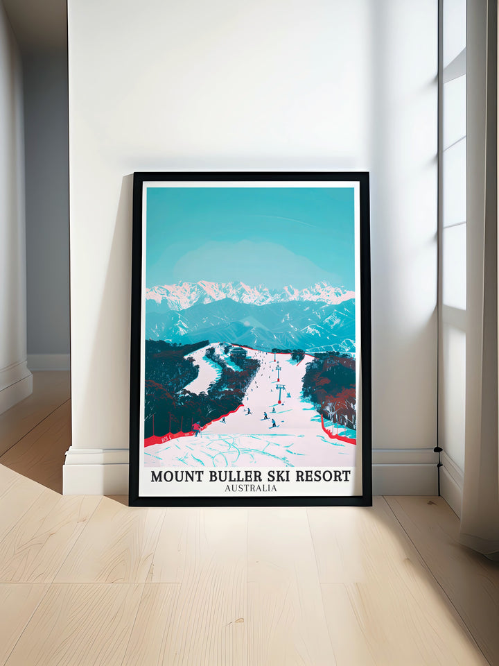 Victorian Ski Fields Travel Print offering a detailed and picturesque view of one of Australias most beloved winter sports regions. The print captures the expansive beauty of the snow covered Victorian Alps, making it an ideal piece for anyone who admires the tranquility and majesty of alpine landscapes. A great choice for ski enthusiasts.