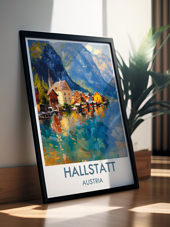 Highlighting the scenic beauty of Hallstatt, this travel poster captures the essence of its peaceful ambiance and inviting atmosphere, ideal for those who appreciate Austrias charm.