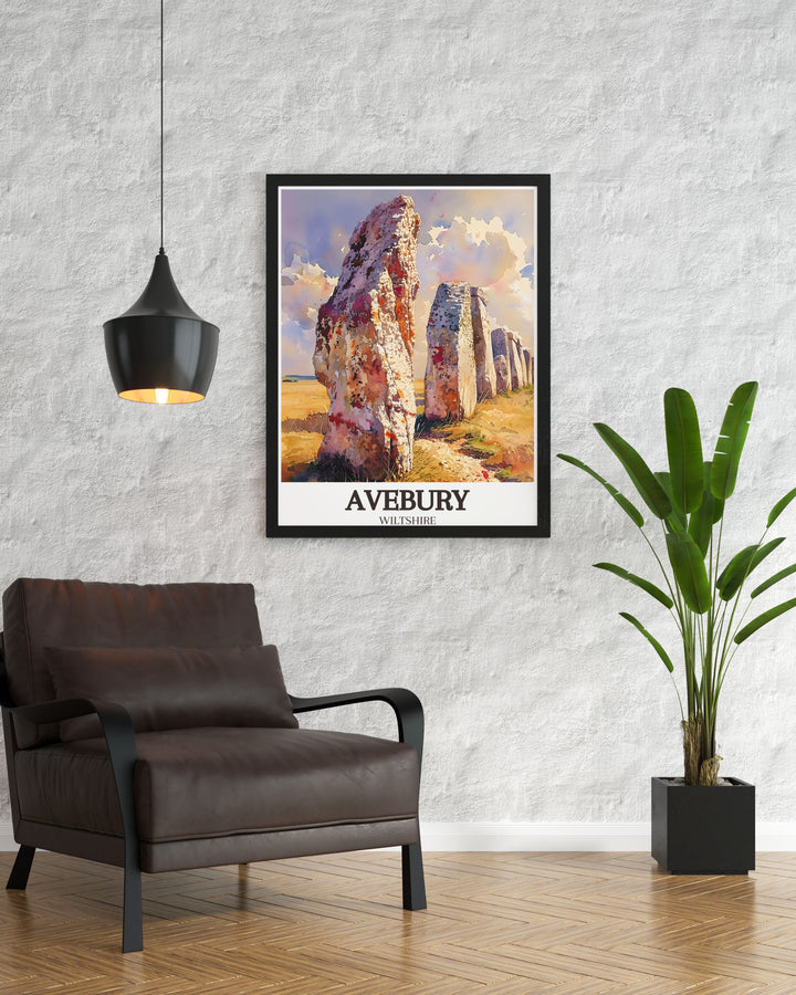 The charm of Avebury Stone Circle, with its iconic stones and scenic surroundings, is brought to life in this poster, offering a piece of Englands historical allure for your home.