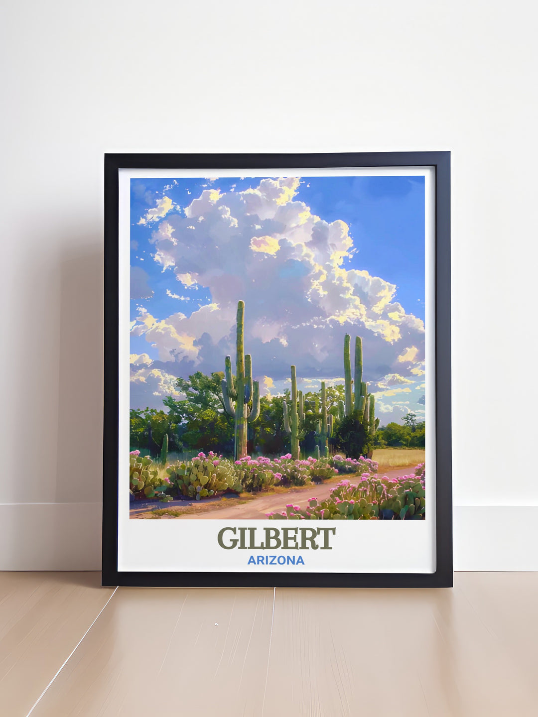 This stunning Arizona travel print features the Riparian Preserve at Water Ranch in Gilbert, Arizona. The poster captures the serene beauty of the preserves waters and greenery, making it a perfect addition to any nature lovers home or office decor.