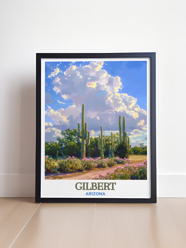 This stunning Arizona travel print features the Riparian Preserve at Water Ranch in Gilbert, Arizona. The poster captures the serene beauty of the preserves waters and greenery, making it a perfect addition to any nature lovers home or office decor.