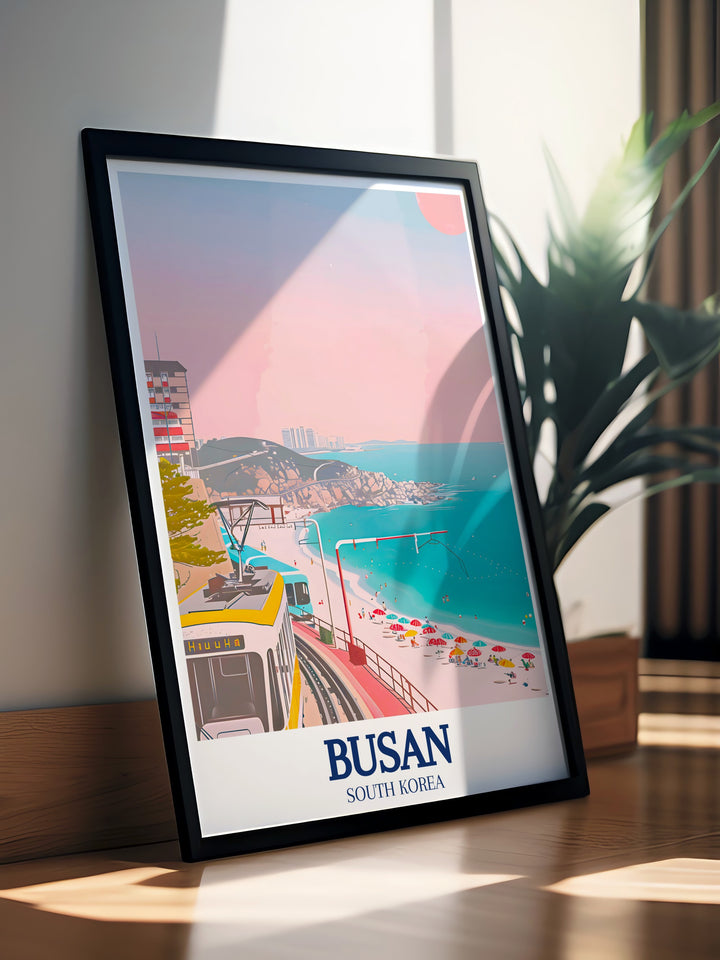 Stunning Busan poster with Haeundae Beach and the Haeundae Beach Train offering a captivating view of South Koreas famous beach ideal for adding a sophisticated touch to your home decor and celebrating Busans coastal charm.