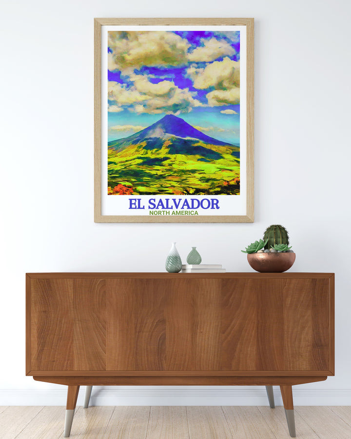 El Salvador print of Santa Ana Volcano highlighting the grandeur and rugged landscape ideal for wall art enthusiasts who appreciate natures beauty a travel poster print that adds elegance and charm to any room with its vivid colors and detailed depiction