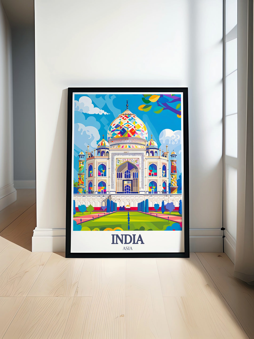 Bring the iconic beauty of Agras Taj Mahal into your space with this detailed travel poster. Featuring vintage charm, this artwork highlights Indias architectural marvel and adds a cultural touch to any decor.