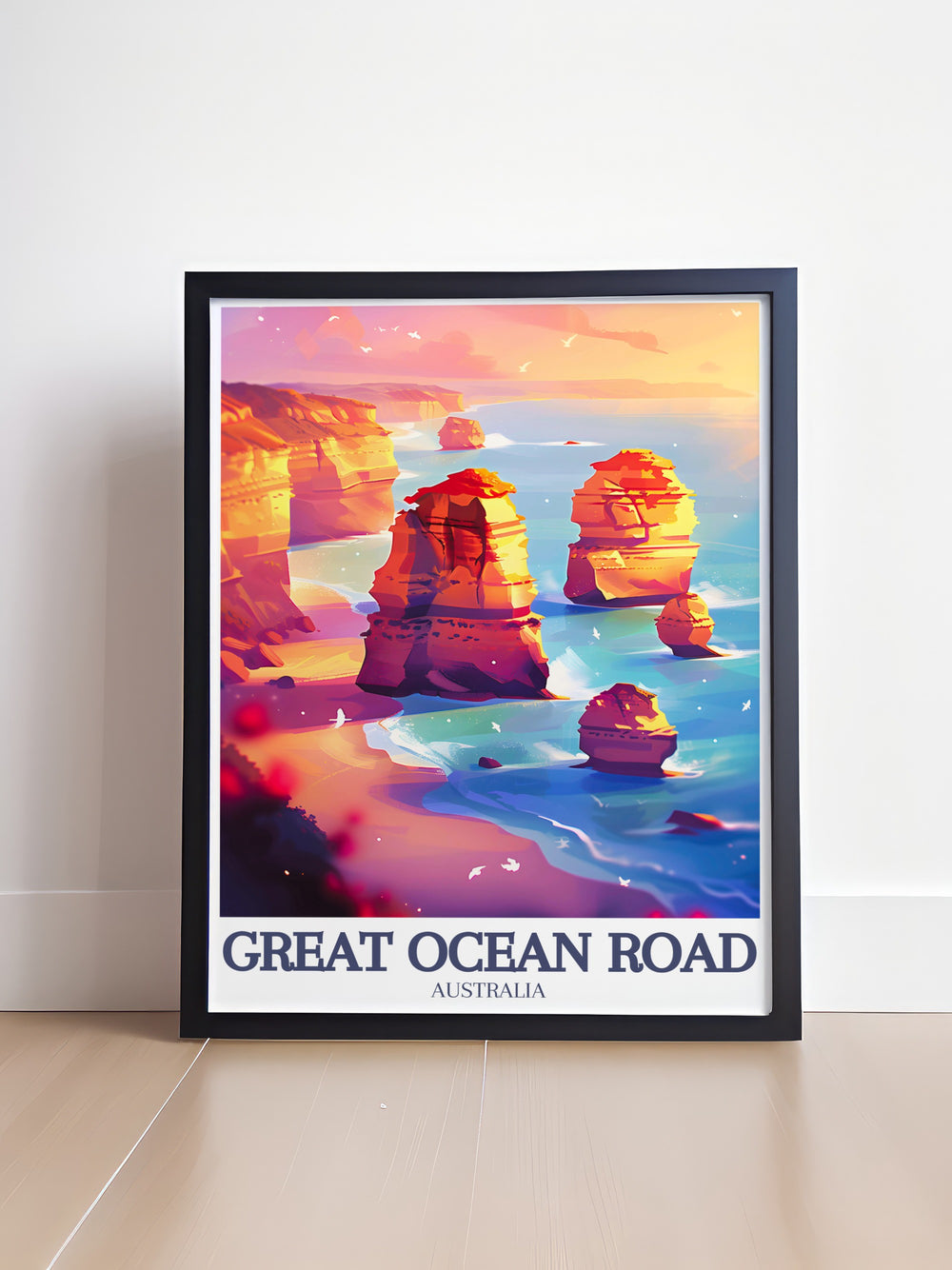 This framed art showcases the unforgettable beauty of Australias southern coast, with the Twelve Apostles standing tall against the backdrop of the Southern Ocean. Its a timeless piece of wall decor that captures the essence of Australias coastal landscape.