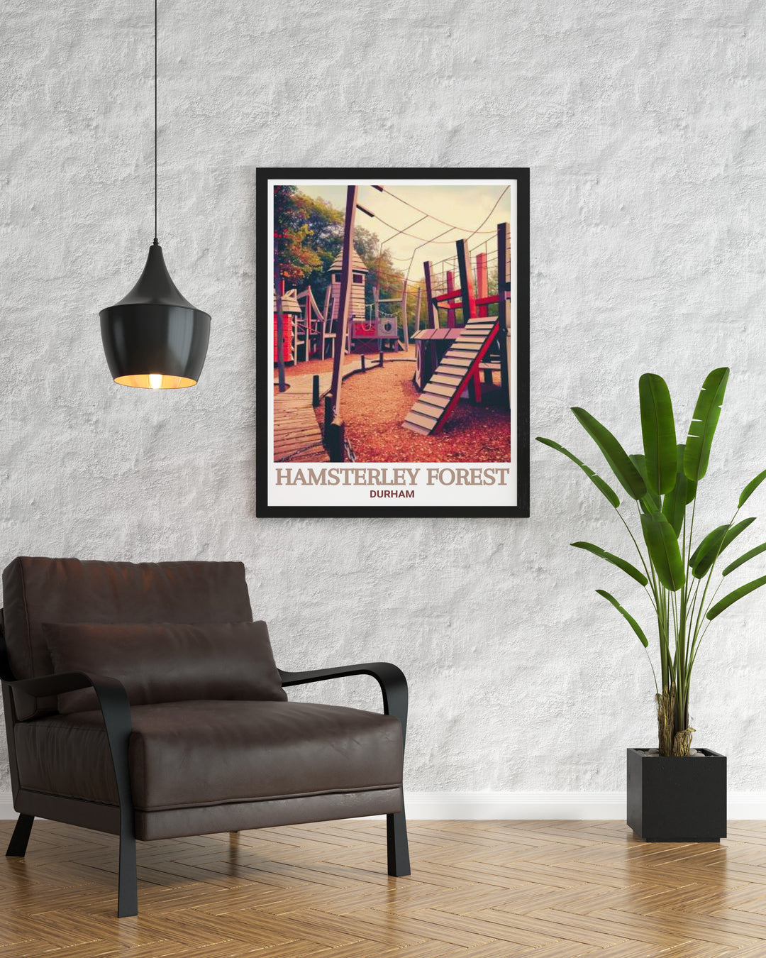 Hamsterley Forest Adventure Play Area mountain biking art print brings the rugged beauty of County Durham and the North Pennines into your home with vibrant colors perfect for framing and creating a dynamic living room décor piece