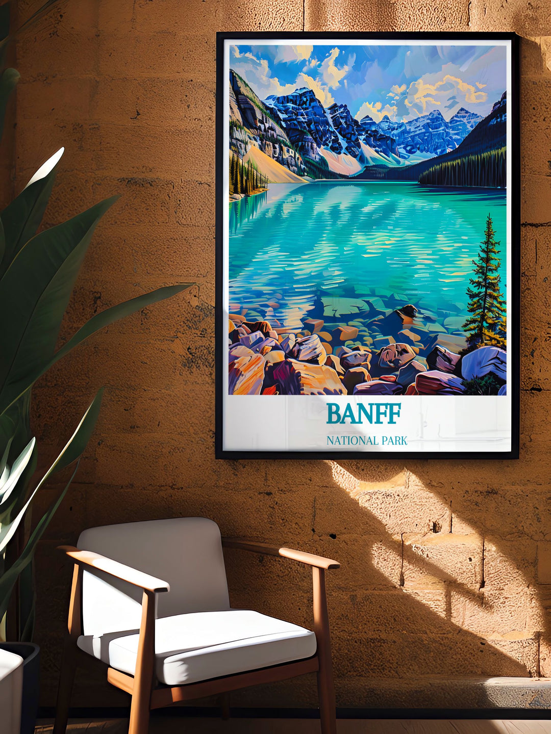 Travel poster of Banff National Park capturing the essence of adventure and exploration in Canadas vast wilderness, suitable for adventurers and nature lovers.