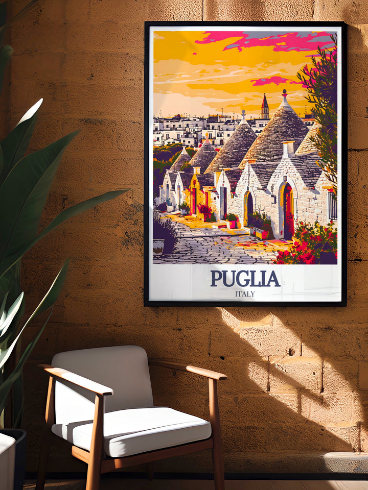 Our Puglia Poster featuring Trulli houses in Alberobello is a beautiful addition to any home. This Italy Wall Poster showcases the distinctive architecture of Trulli houses, adding a touch of Italian elegance to your decor.