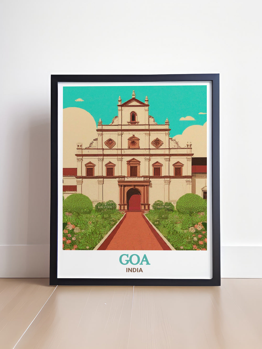 Goa travel poster featuring the iconic Basilica of Bom Jesus, a UNESCO World Heritage Site in India. This artwork captures the stunning Baroque architecture of the basilica, bringing the rich cultural and spiritual heritage of Goa into your home. Perfect for adding a touch of Indian history to your decor.