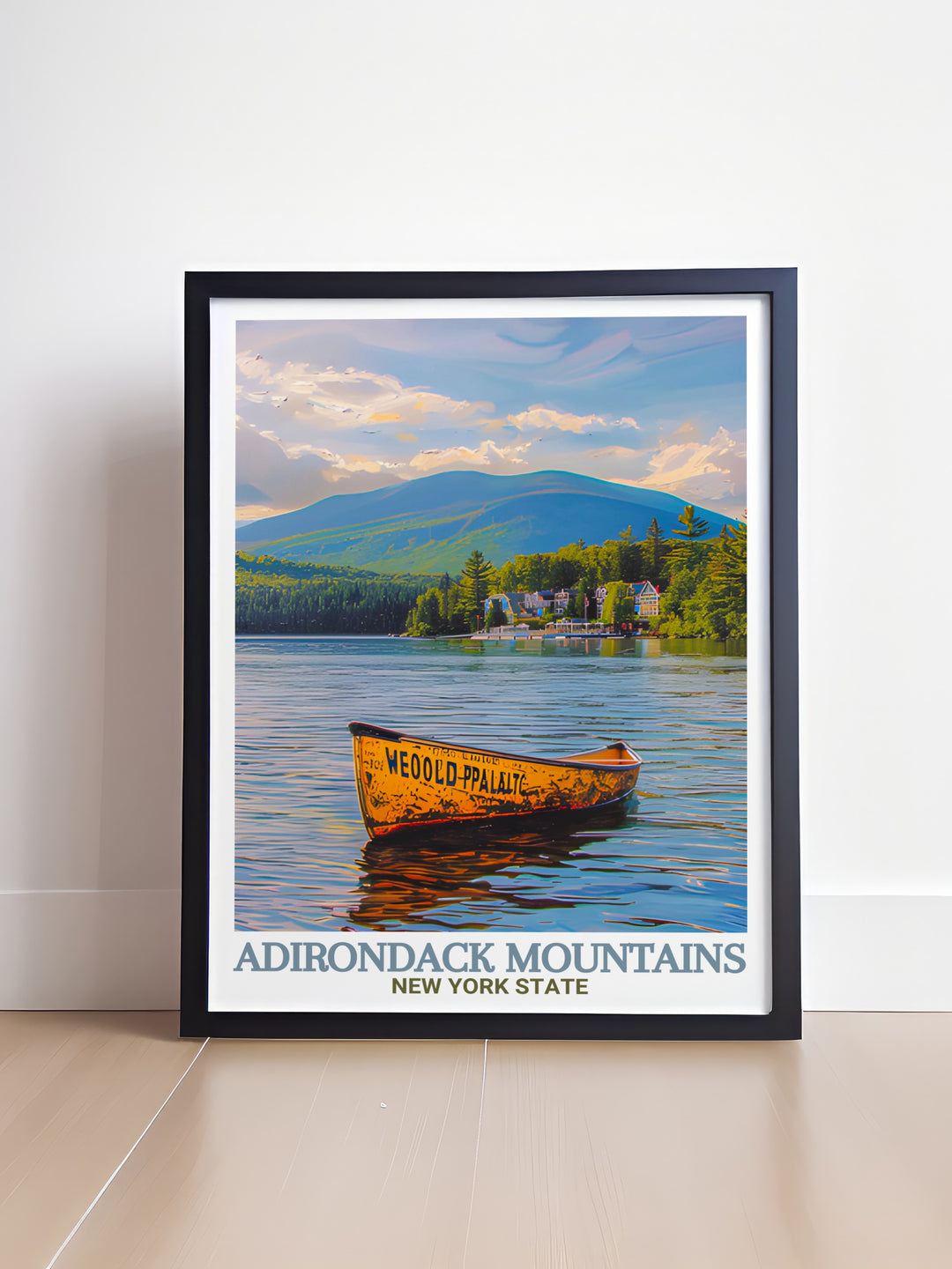 Capture the serene atmosphere of Lake Placid with this Adirondack travel print ideal for creating a peaceful retreat in your home with its bold city color palette and scenic design