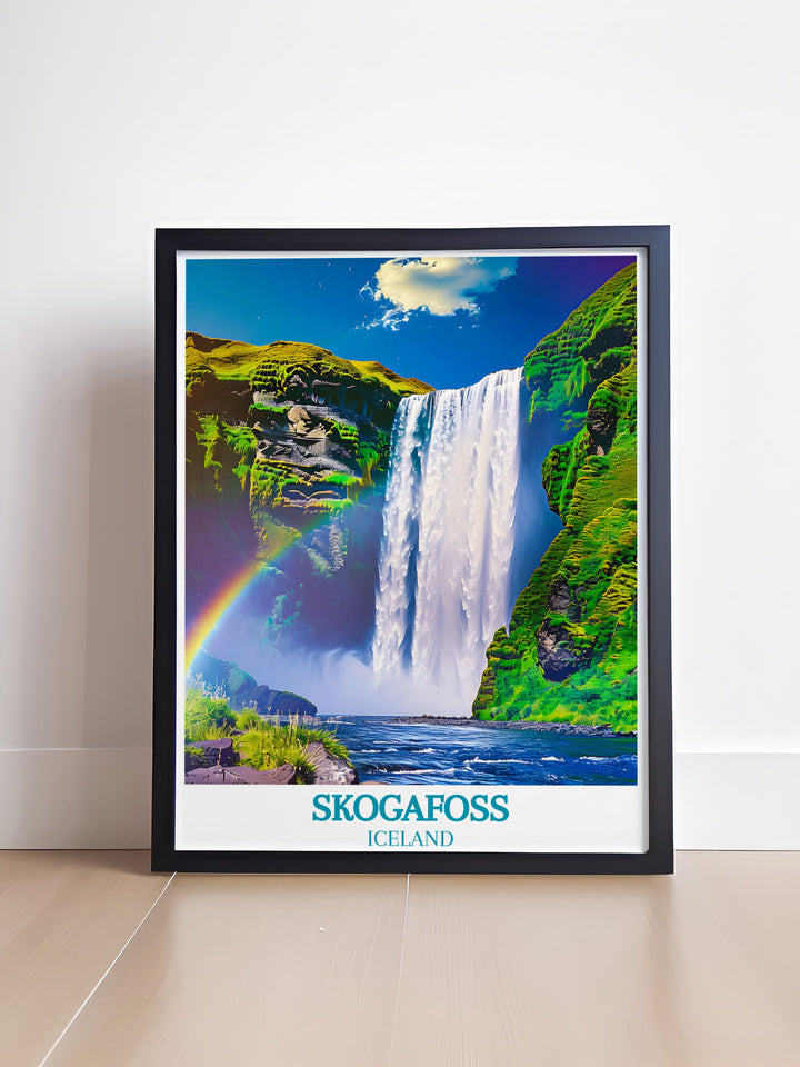 Delight in the natural wonder of Skogafoss with this art print, capturing the waterfalls powerful flow and the enchanting rainbow that appears on sunny days.