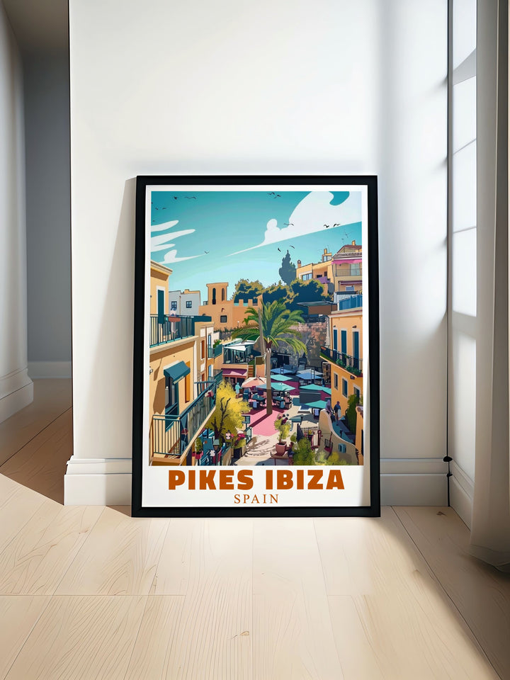 Pikes Ibiza Poster captures the vibrant nightlife of Ibiza perfect for Outdoors Modern Prints this stunning print brings the iconic Pikes Hotel and its legendary atmosphere into your living space