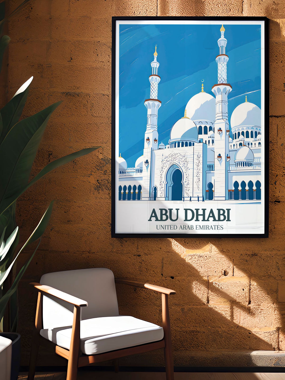 Captivating vintage print featuring the Sheikh Zayed Grand Mosque, Al Rawdah in Abu Dhabi. This Emirates poster celebrates the beauty of the United Emirates and is an ideal gift for travelers and lovers of Middle Eastern culture.