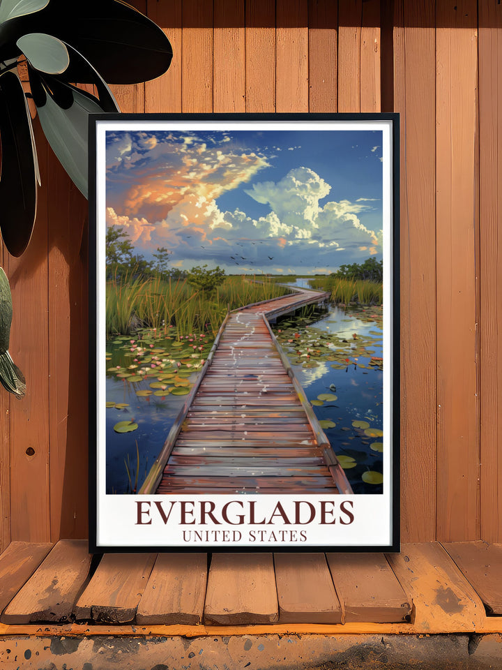 Everglades Print showcasing the iconic landscapes and wildlife of Floridas National Park. Perfect for adding a touch of nature to your home. This artwork also features the captivating Anhinga Trail, capturing the essence of adventure.