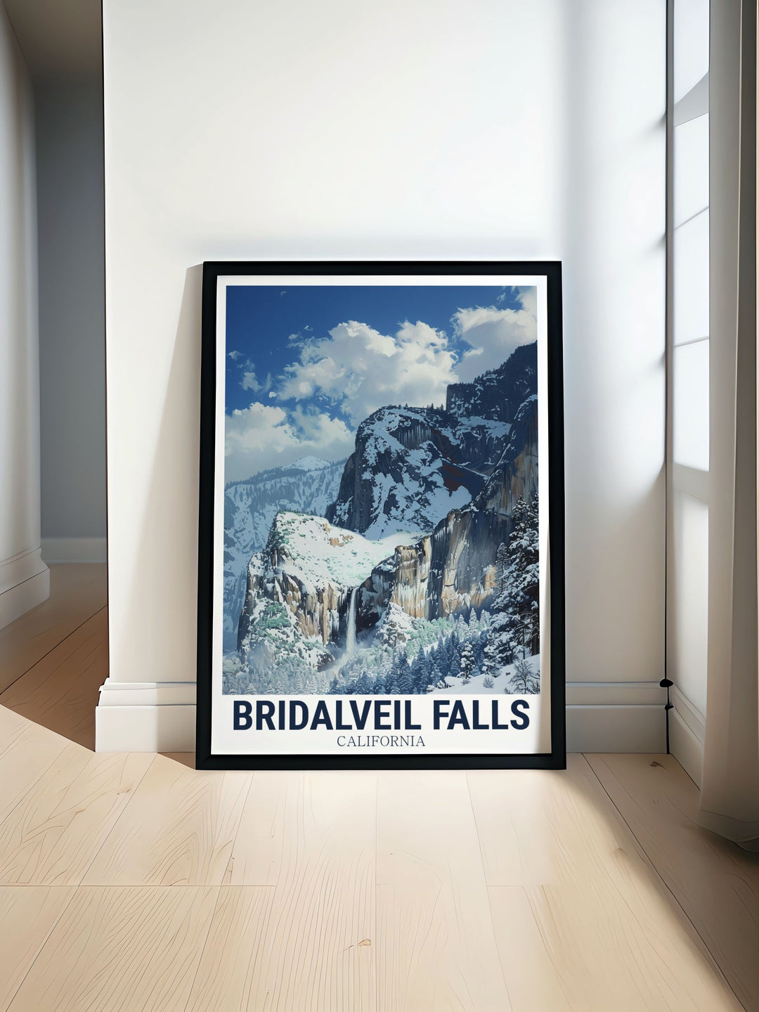 View from winter of Bridalveil Falls in Yosemite National Park captured in a beautiful California art print perfect for nature lovers and travel enthusiasts. This California print showcases the beauty of winter in one of the states most iconic landmarks ideal for home decor.