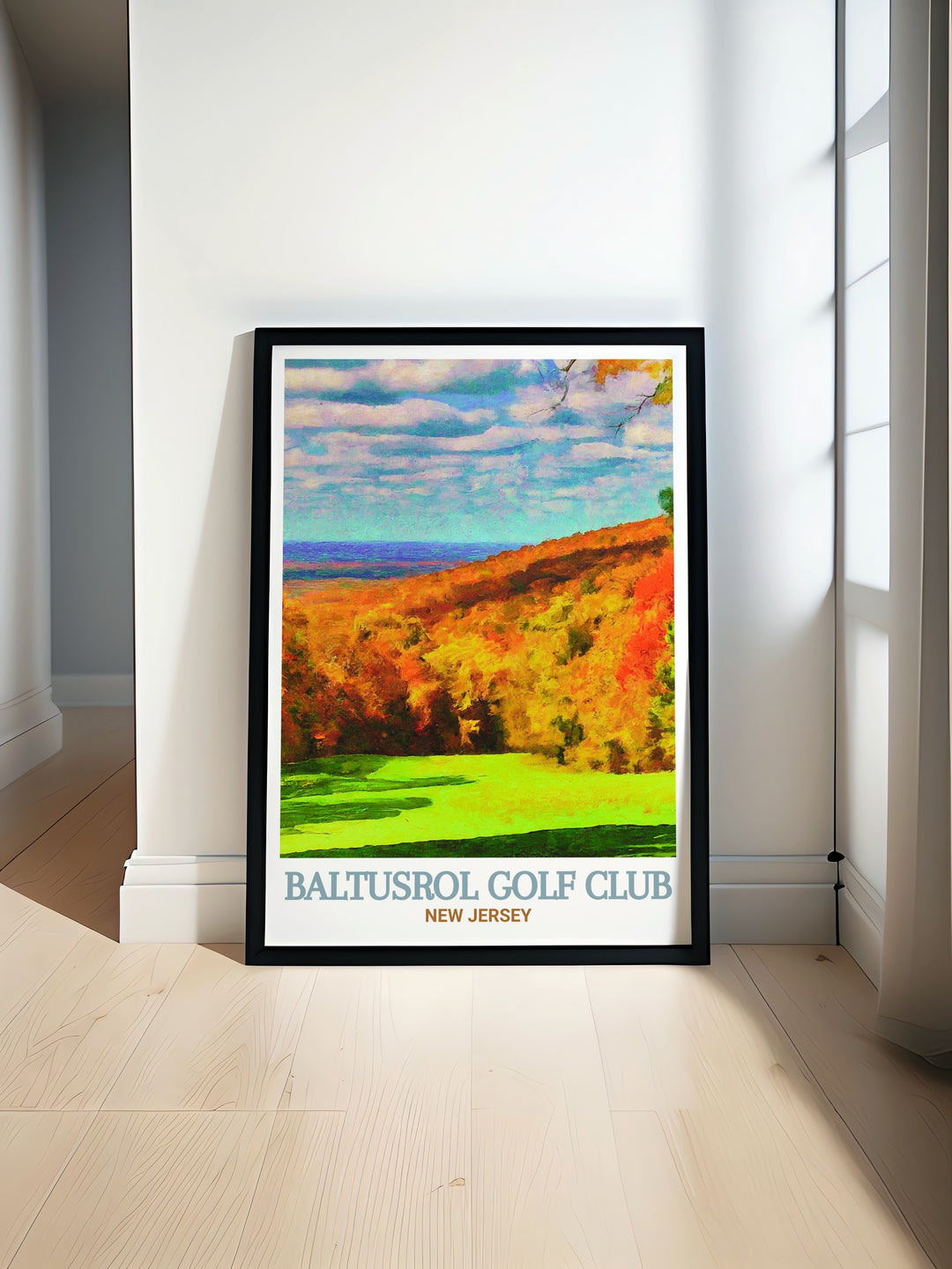 Baltusrol Golf Club Wall Print featuring a detailed depiction of the courses Lower and Upper championship courses, alongside the scenic views of South Mountain Reservation. This golf artwork is a perfect gift for any golfer or nature lover, showcasing the beauty and tradition of these landmarks.