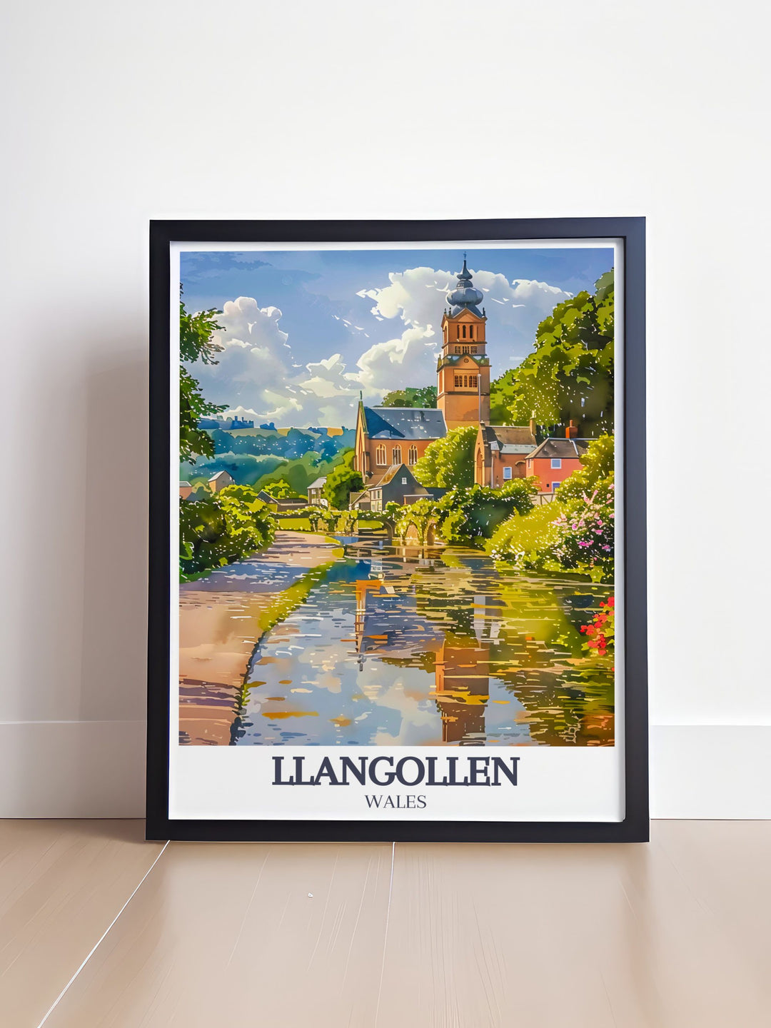 Experience the charm of Wales with this beautiful wall art showcasing the River Dee Llangollen Canal and Llangollen Methodist Church. Ideal for travel gifts or home decor this poster captures the timeless elegance of Llangollen in a vibrant and captivating illustration.