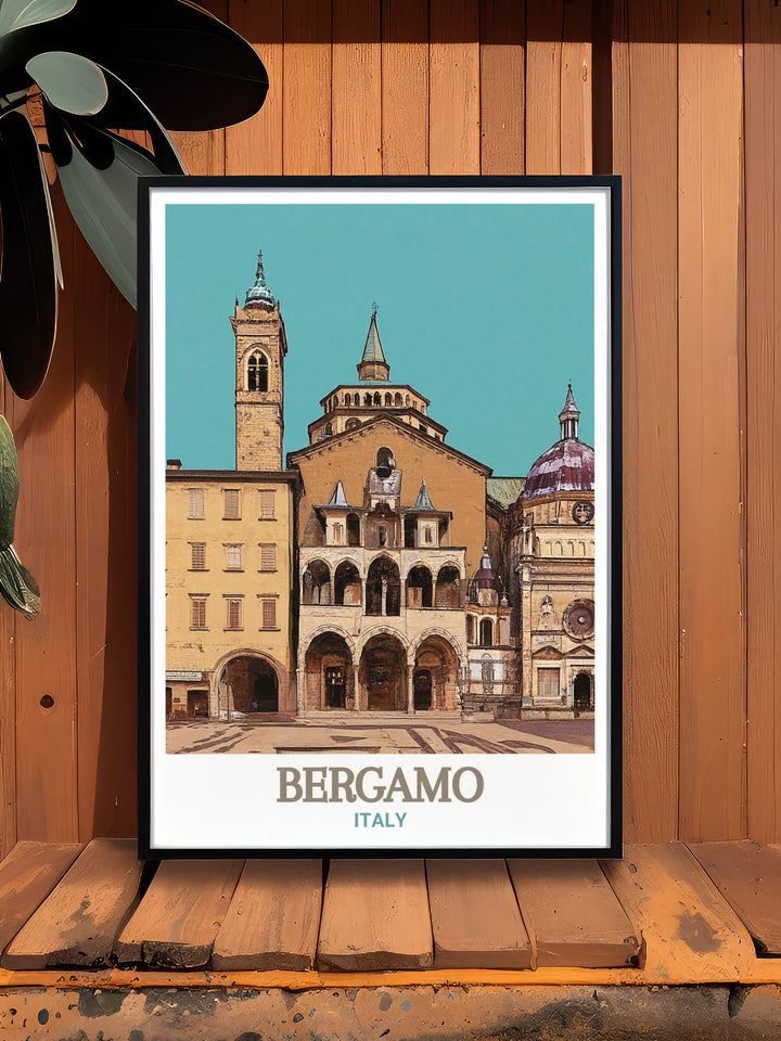 Bergamo travel print depicting Piazza Vecchia. Celebrating the rich history and architectural beauty of this iconic Italian square. Perfect for modern and traditional decor. High quality materials ensure lasting vibrancy and elegance.