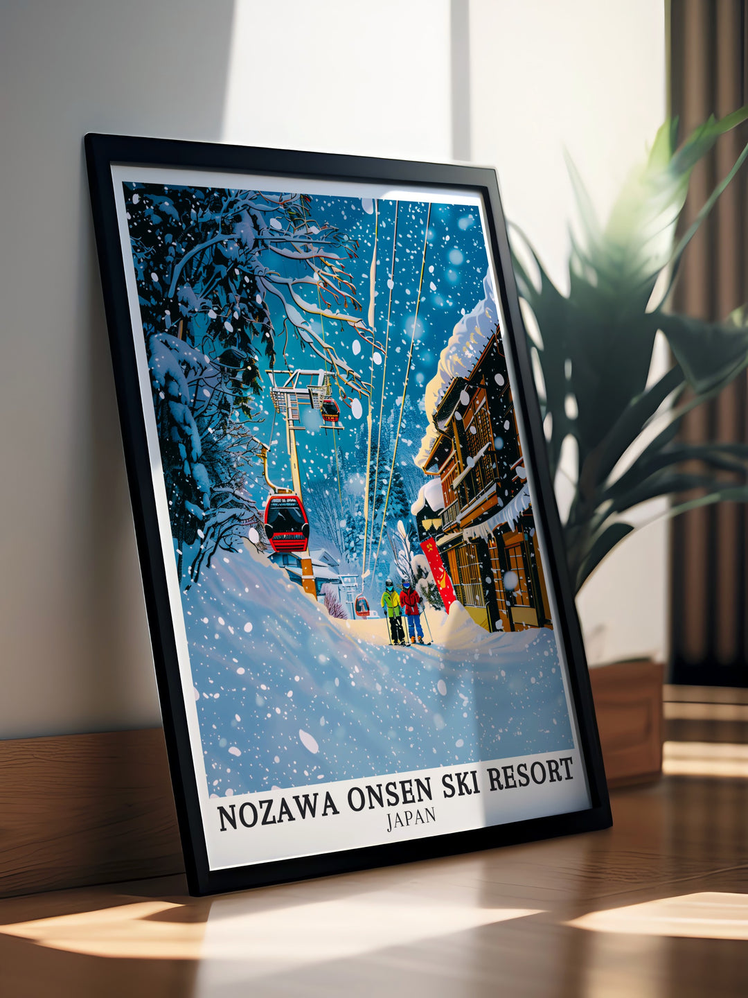 The Hikage Base Travel Print showcases the heart of Nozawa Onsen Ski Resort, with its well maintained slopes leading down to the charming Nozawa Village. This artwork captures the essence of winter sports in Japan, where skiing meets cultural immersion in one of the most beloved destinations in the Japanese Alps.