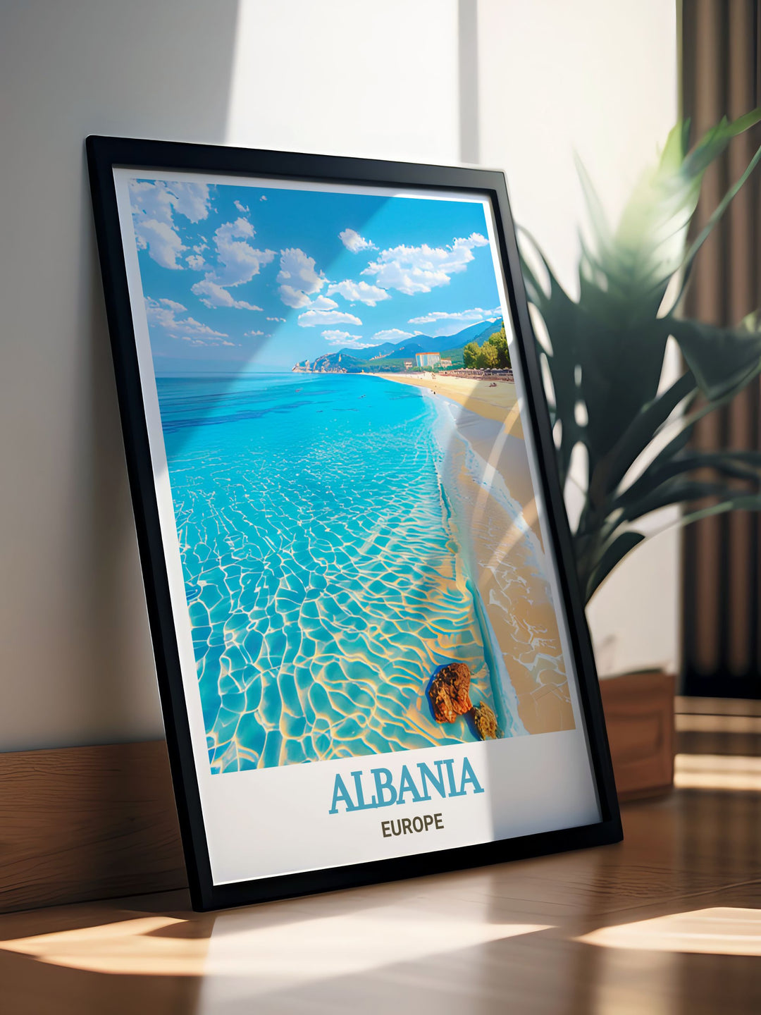 Elegant Dhermi Beach Framed Print capturing the serene landscapes and vibrant hues of Albania perfect for creating a sophisticated living room decor or as a thoughtful gift for those who love travel and unique art