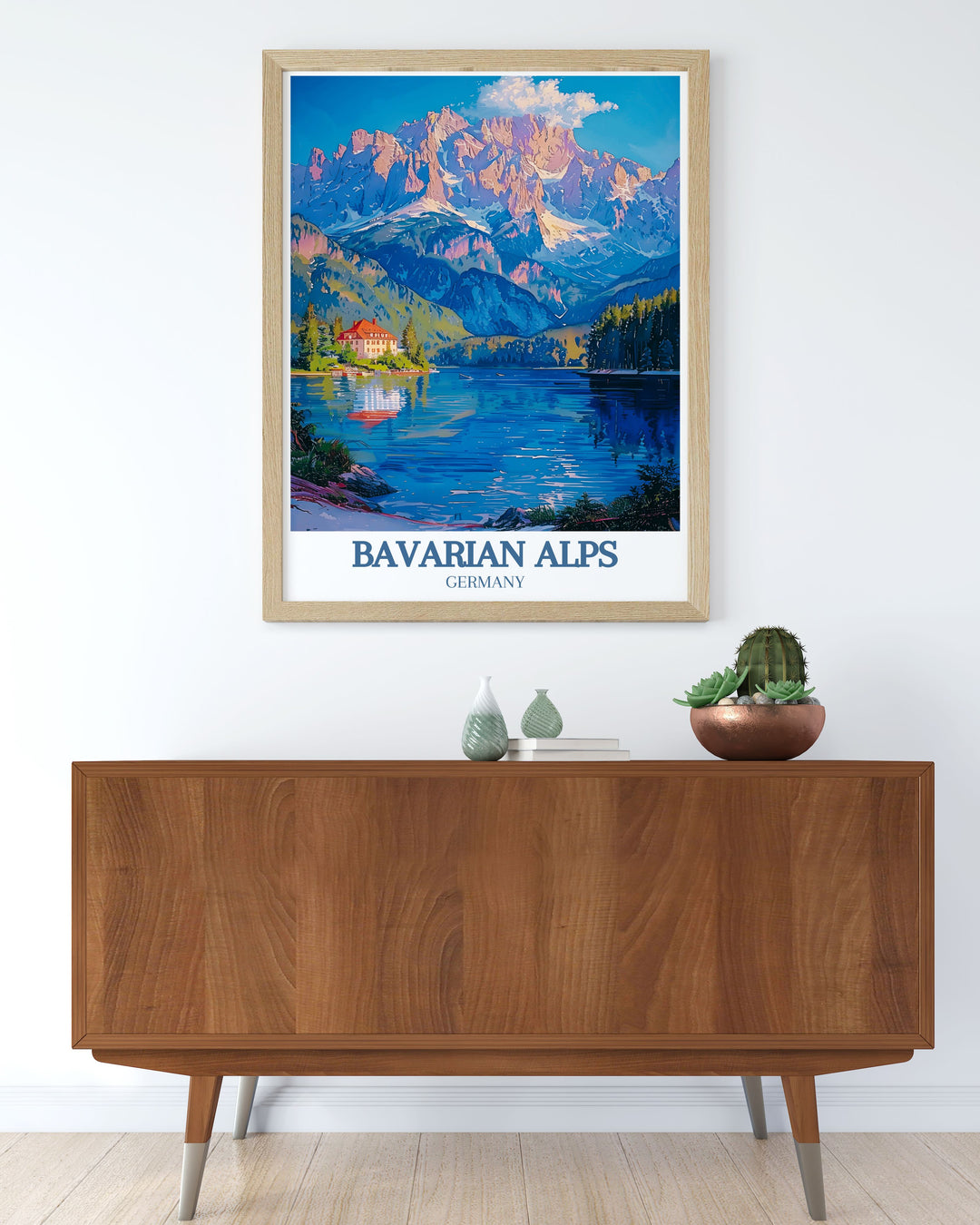 Scenic travel print showcasing Zugspitze and Eibsee Lake in the Bavarian Alps, making a perfect gift for anniversaries or birthdays. Brings the beauty of Germanys highest peak and its serene surroundings into your home.