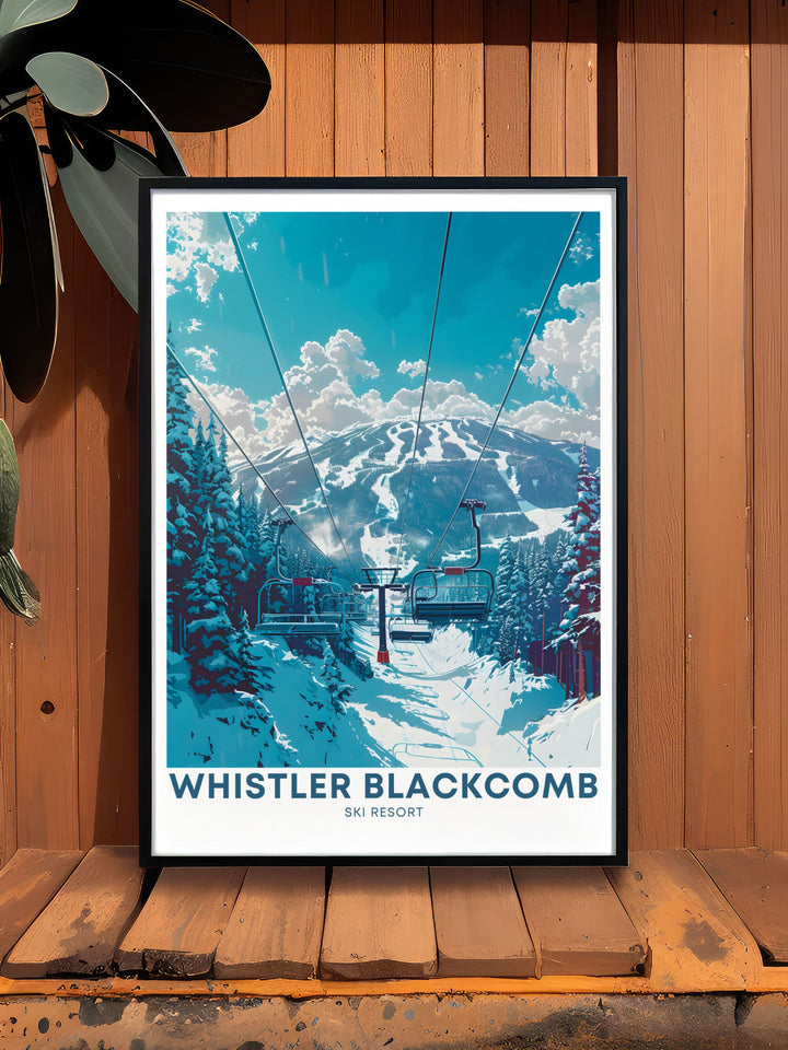 Whistler peak chair lifts vintage print highlighting the majestic beauty of Whistler Blackcomb. This Whistler poster is perfect for adding a touch of adventure to your home decor and makes a great snowboarding gift.