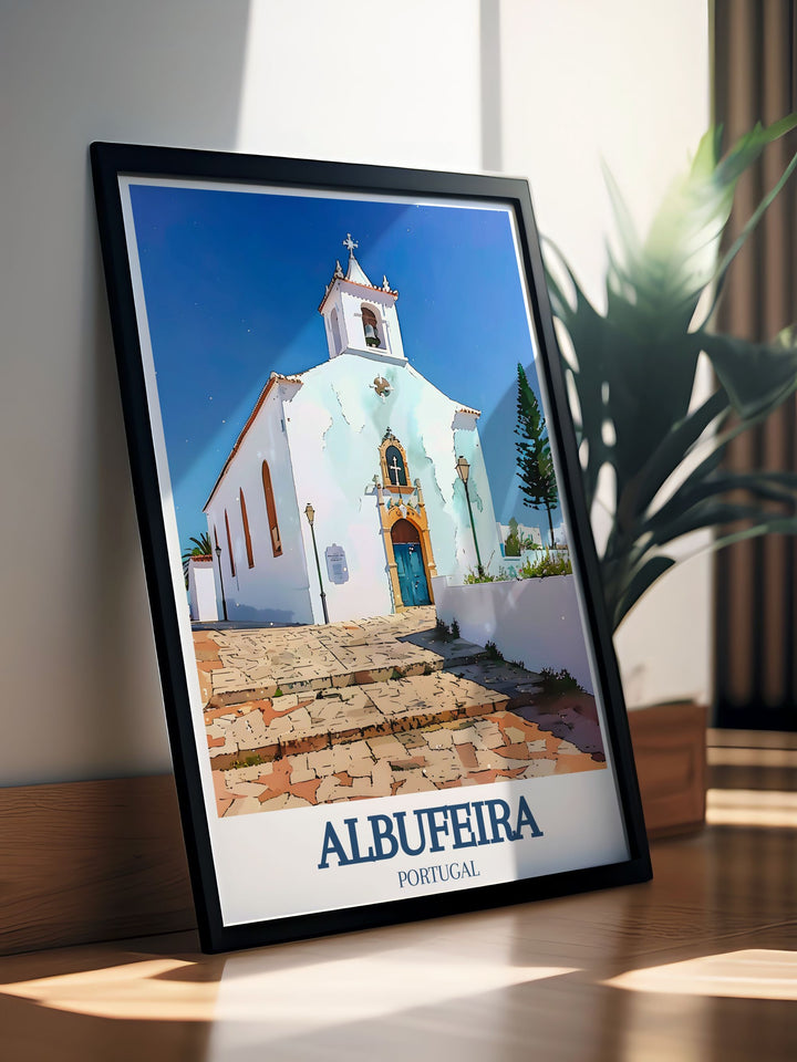 Retro travel poster of Albufeira, showcasing the timeless beauty of St Anna Church, perfect for those who appreciate historic landmarks and Portuguese culture.