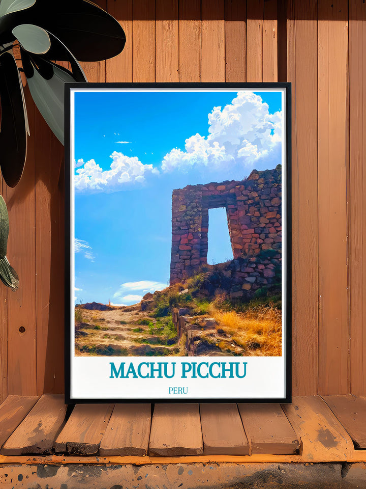 Add elegance to your home with The Sun Gate Intipunku modern decor featuring Machu Picchu. This travel print is designed to capture the spiritual significance and beauty of Perus most famous site offering a sophisticated and meaningful addition to your living room decor. Perfect as a personalized gift for special occasions this artwork brings a touch of adventure to any space.