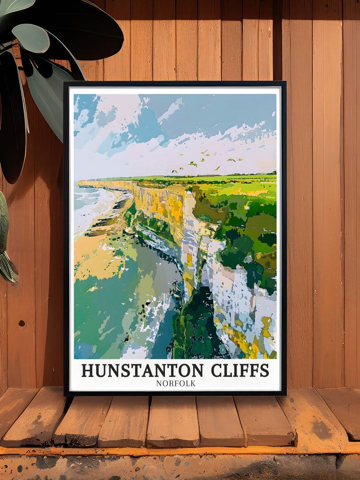 Hunstanton Cliffs wall poster showcasing the vibrant red and white rock formations that make these cliffs a must see destination in England. This print is ideal for coastal enthusiasts and those who appreciate Englands natural beauty, adding a sense of adventure to your space.