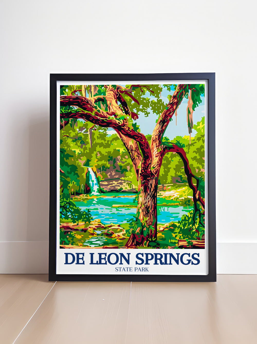 Volusia County Travel Poster offering a detailed depiction of Floridas De Leon Springs and Lake Woodruff, capturing the essence of these beloved natural landmarks. The poster is perfect for those who wish to celebrate Floridas natural beauty, making it an excellent addition to any collection of travel art.