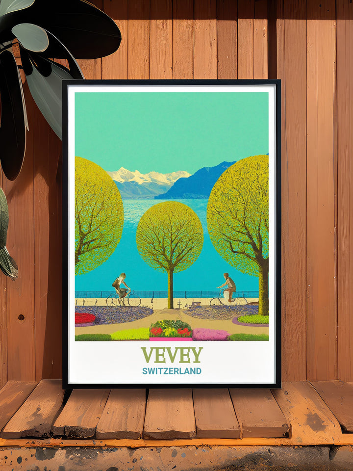 Switzerland travel poster featuring the iconic views of Vevey and its picturesque promenade. This artwork captures the essence of the Swiss Riviera, making it a stunning addition to any home décor or travel art collection.