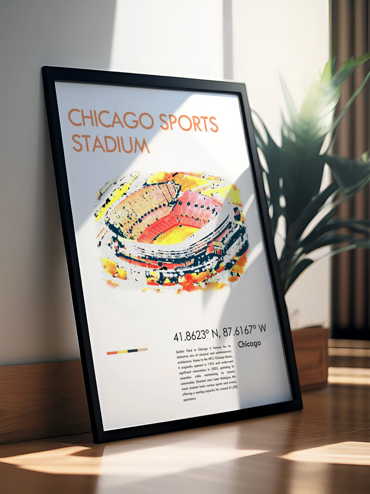 Chicago stadium art print featuring Soldier Field in stunning detail. A must-have for any Chicago Bears fan. This art print brings the excitement of game day into your living space and is perfect for showcasing your love for Chicago sports