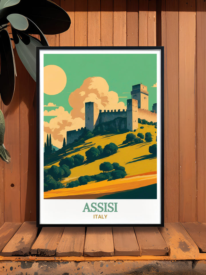 Elegant Italy wall decor showcasing Rocca Maggiore in Assisi. This travel print offers a detailed portrayal of the fortresss architectural strength and historical importance, making it a cherished gift for those who love Italy and its cultural treasures