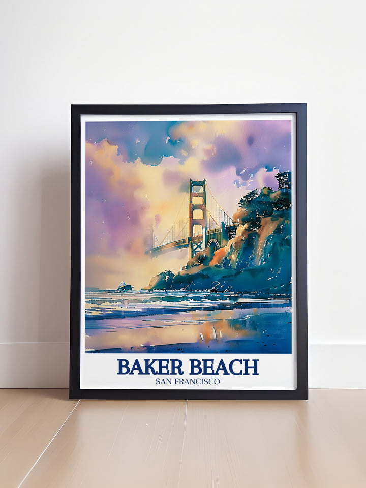 Golden Gate Bridge Wall Art depicting the iconic red orange towers of the Golden Gate Bridge against the vast Pacific Ocean. The artwork emphasizes the bridges status as an engineering marvel and a symbol of San Francisco, offering a captivating view for architecture enthusiasts