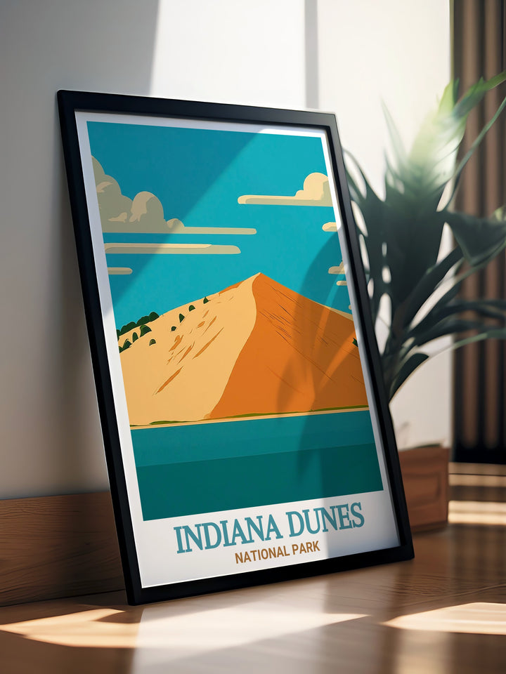 Art print showcasing the majestic Indiana Dunes and Mount Baldy. This travel poster is perfect for nature lovers and National Park enthusiasts looking to bring the beauty of the great outdoors into their homes.