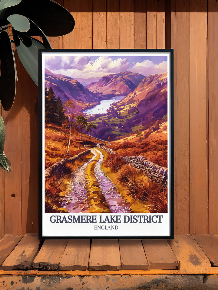 The detailed illustration of Grasmeres calm lake and the ancient Coffin Route creates a stunning piece of wall art, celebrating the natural and historical wonders of the Lake District, England, and bringing a sense of peace to your decor.