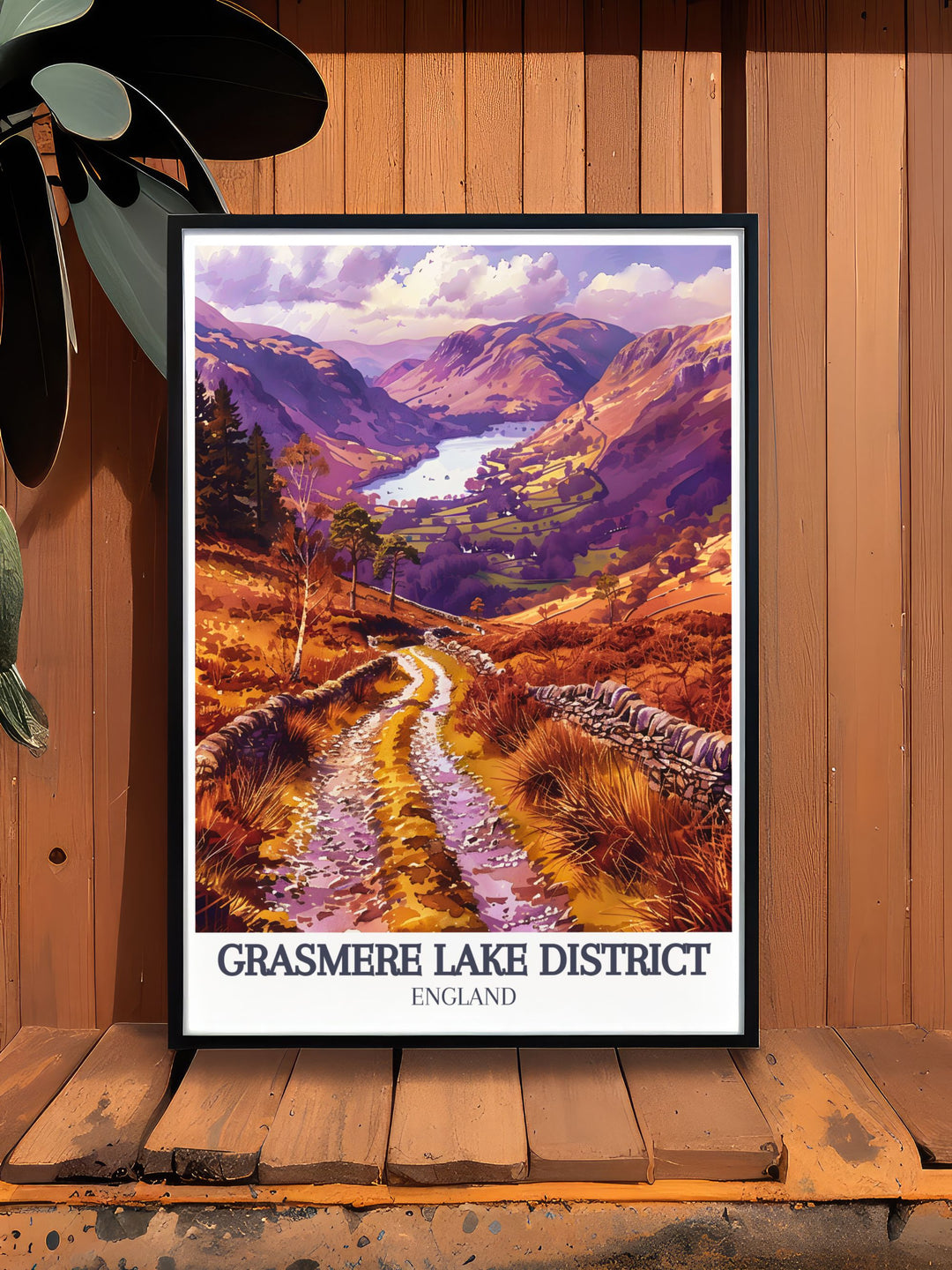 This Grasmere poster print features the serene beauty of Grasmere Lake in the Lake District, England. With the Coffin Route and the stunning Helm Crag Lion and the Lamb in the background, this travel print brings the essence of the Lake District into your home decor.