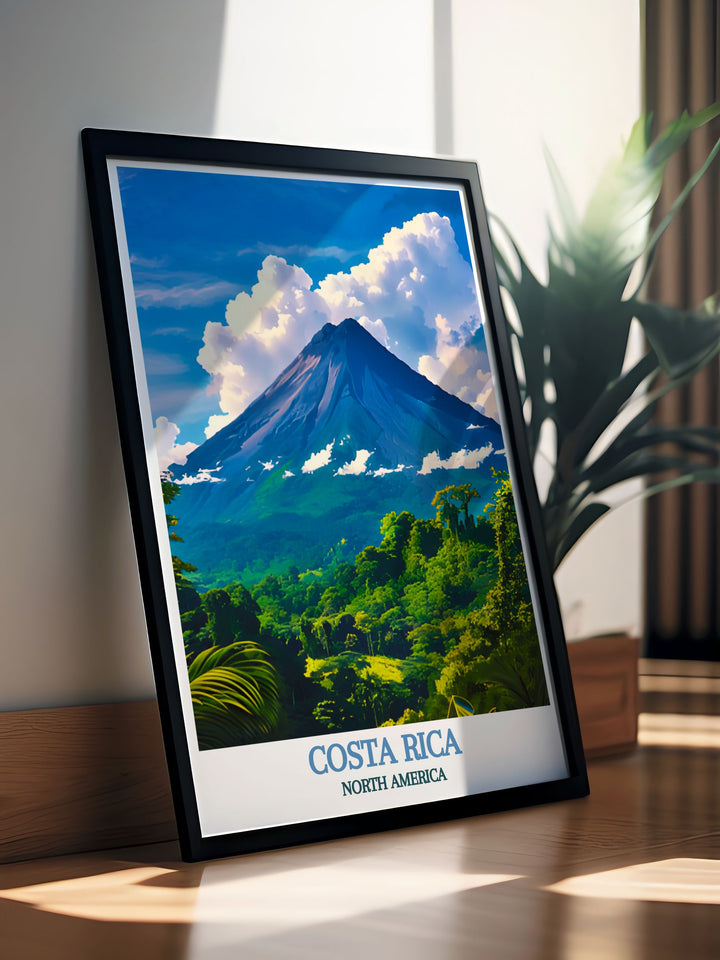 Capture the breathtaking scenery of Costa Rica with a travel print of Arenal Volcano, featuring its imposing peak and rich biodiversity, perfect for enhancing any room with the beauty of nature.