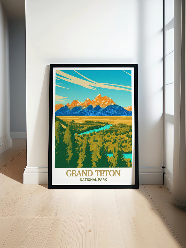 National Park travel print highlighting the serene and rugged landscapes of the Snake River Overlook in Grand Teton National Park. This print is perfect for those who appreciate the beauty of nature and want to bring a piece of Americas great outdoors into their home.