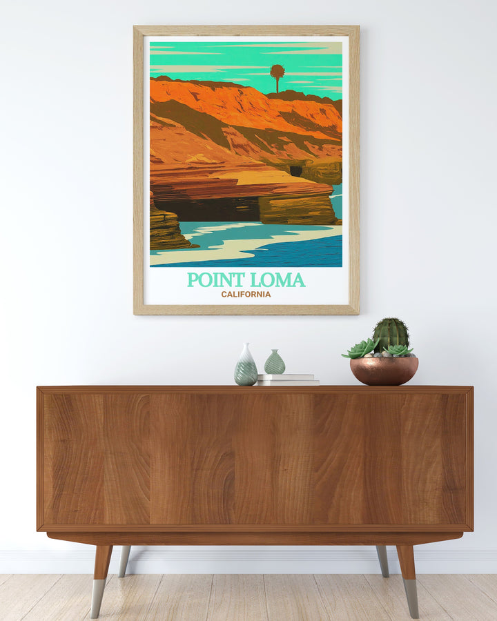 Bring the serene beauty of San Diegos Sunset Cliffs Natural Park into your home with this modern art piece perfect for creating a coastal ambiance in any room this stunning print is a must have for those who love San Diego decor and coastal landscapes