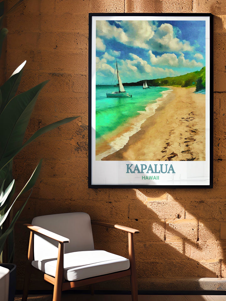 Kapalua golf skyline art paired with the tranquil D.T. Fleming Beach brings the beauty of Hawaii into your home this vintage travel poster print is perfect for modern decor enthusiasts looking to create a serene and vibrant living space ideal for personalized gifts and art lovers