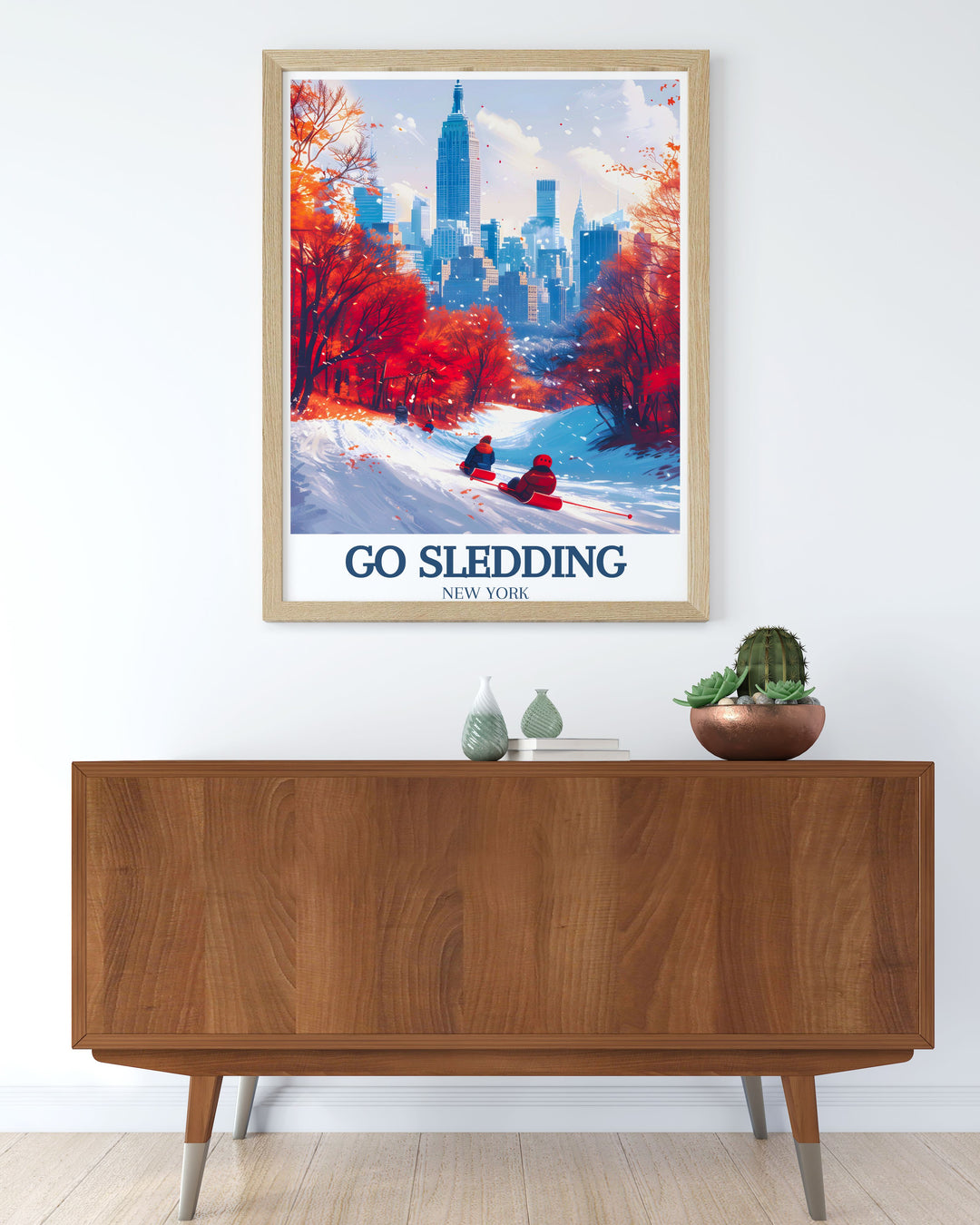 Travel poster featuring a picturesque view of Central Park covered in snow, with sledders racing down the hills under a clear winter sky.