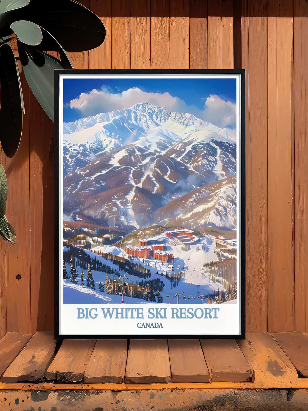 Travel poster showcasing the exciting slopes and serene beauty of Big White Ski Resort, combining modern elegance with vintage charm to celebrate Canadian winter adventures.