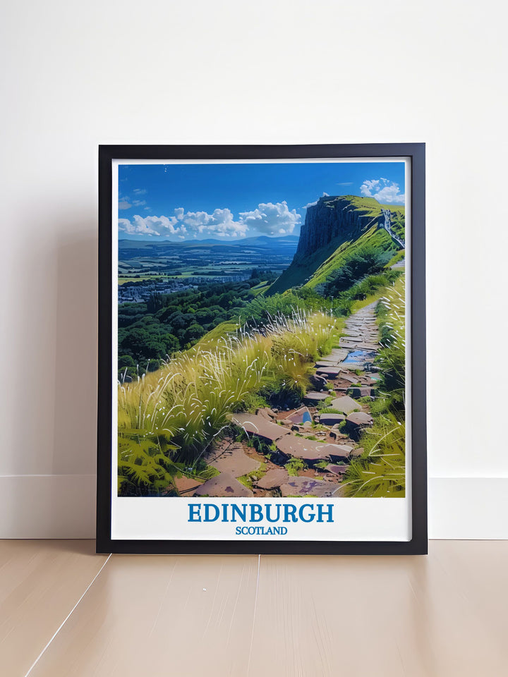 Home decor print illustrating the panoramic views from Arthurs Seat, showcasing the blend of natural beauty and historic landmarks in Edinburgh.