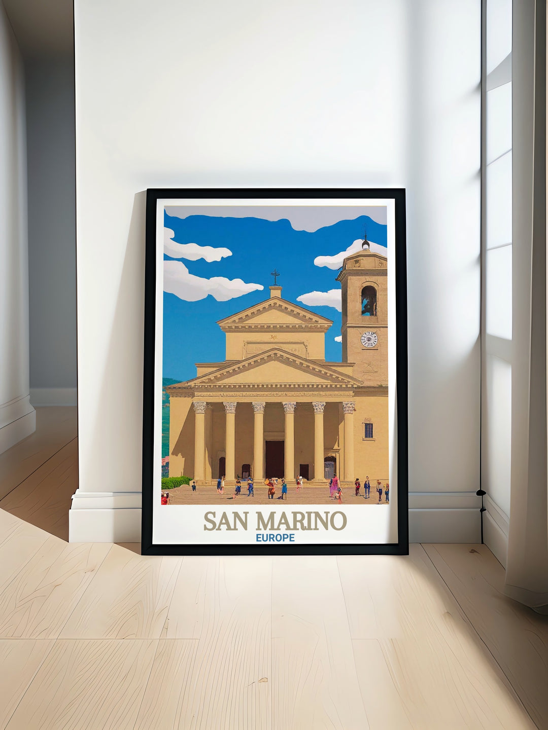 A striking San Marino wall art print featuring the Basilica di San Marino. This artwork is a perfect representation of European architecture, offering detailed and accurate depictions of this famous landmark. Ideal for anyone who loves history, travel, or Italian art.