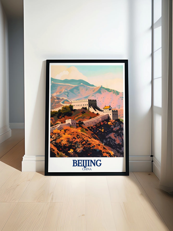 Beijing Custom Print featuring the rich cultural heritage of Chinas capital city, with a focus on its historical landmarks like the Great Wall of China. The artwork brings out the best of Beijings history and modernity, making it an excellent choice for art lovers and travelers